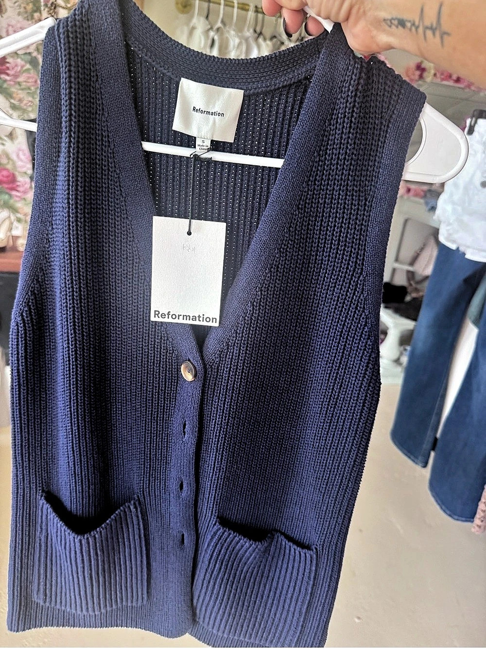 Reformation Faye Cotton Sweater Vest Blue Size Small